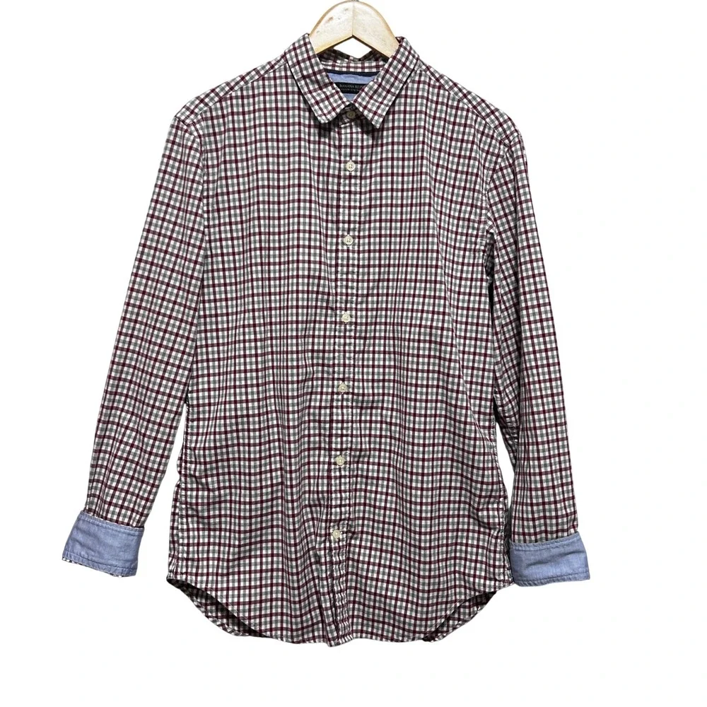 Banana Republic Mens Preppy Academia Button Shirt M Maroon Gray Gingham Slim